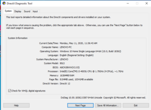 Tampilan DirectX Diagnostic Tool