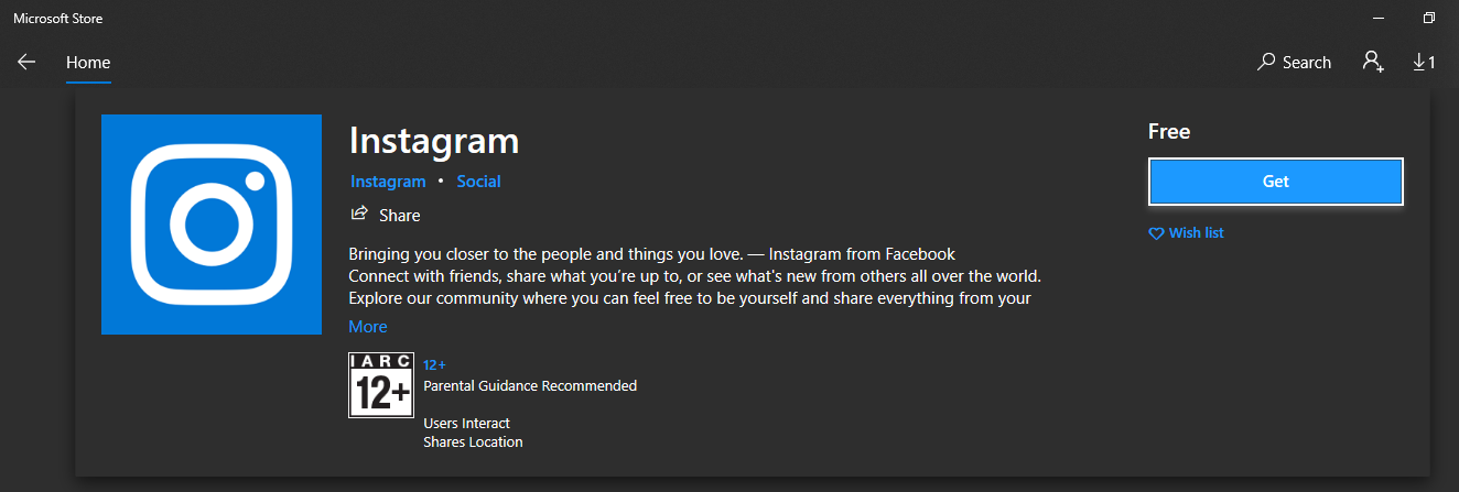 instagram di Windows store