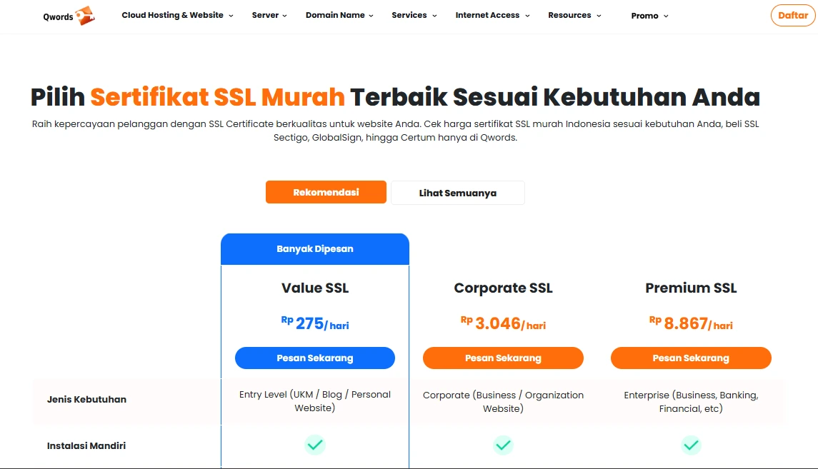 Pilihan Paket Sertifikat SSL dari Qwords