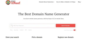 Tampilan Domain Wheel yang memberikan ide nama domain kreatif dari sinonim dan rima menggunakan teknologi AI.