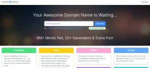 Tampilan hasil Name Mesh yang menampilkan berbagai ide nama domain unik dalam beberapa kategori untuk kebutuhan branding website.
