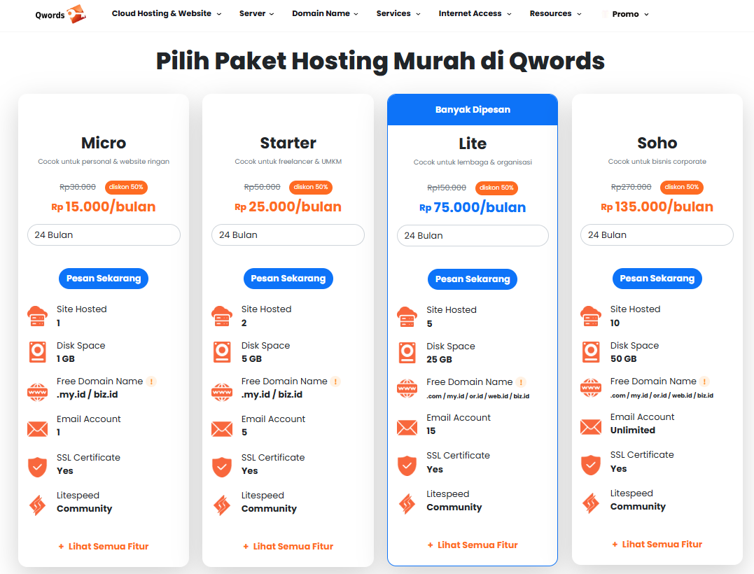 Tampilan halaman detail paket dengan berbagai fiturnya