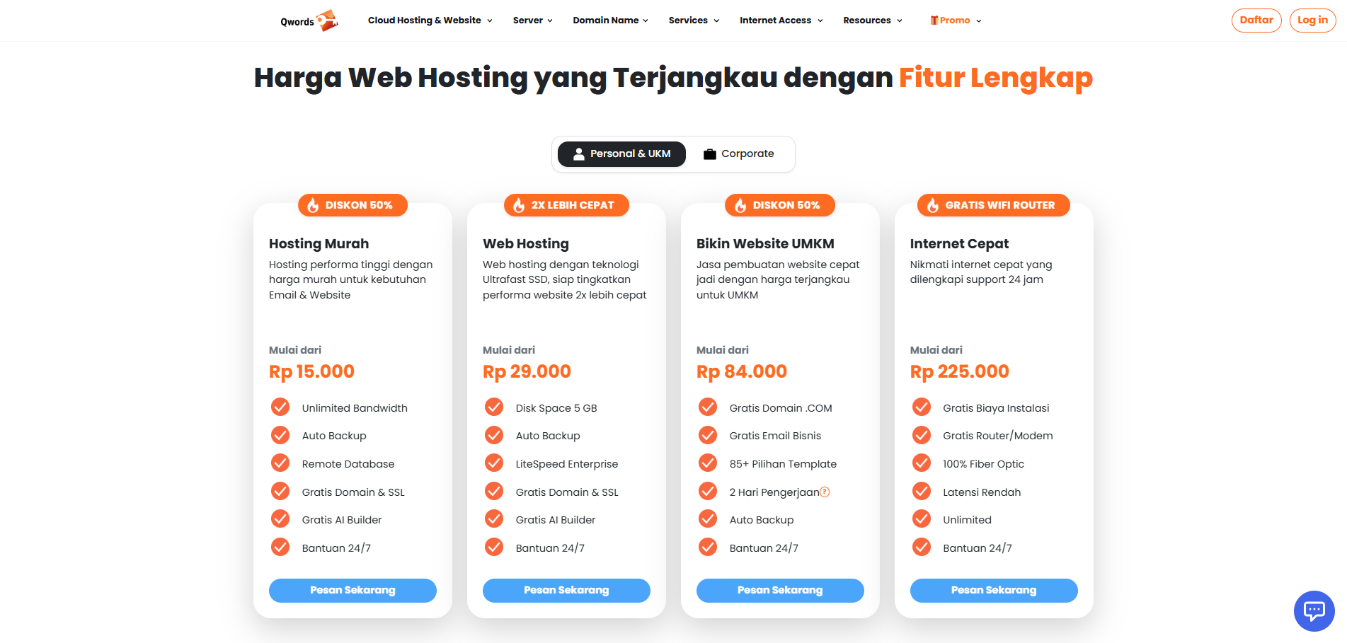 Tampilan pilihan paket hosting untuk Personal