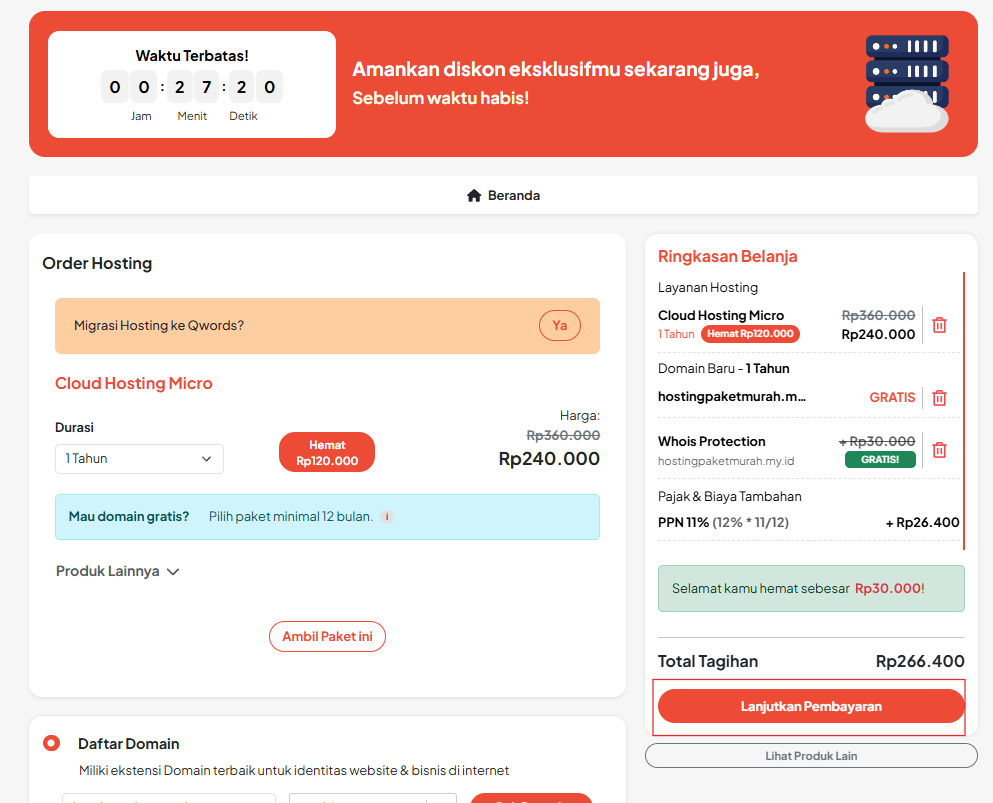 Tampilan total biaya hosting dan domain sebelum pembayaran Qwords