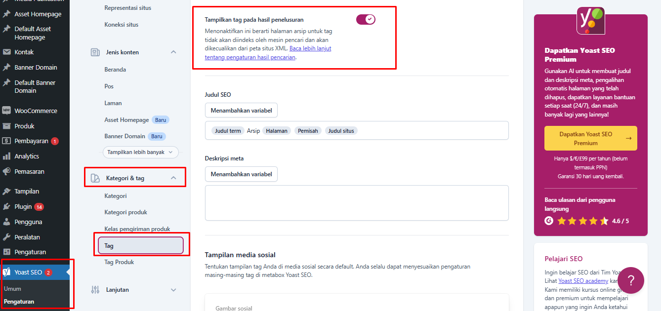 Tampilan Pengaturan noindex tag di menu Yoast SEO WordPress Menghindari Duplikasi Konten