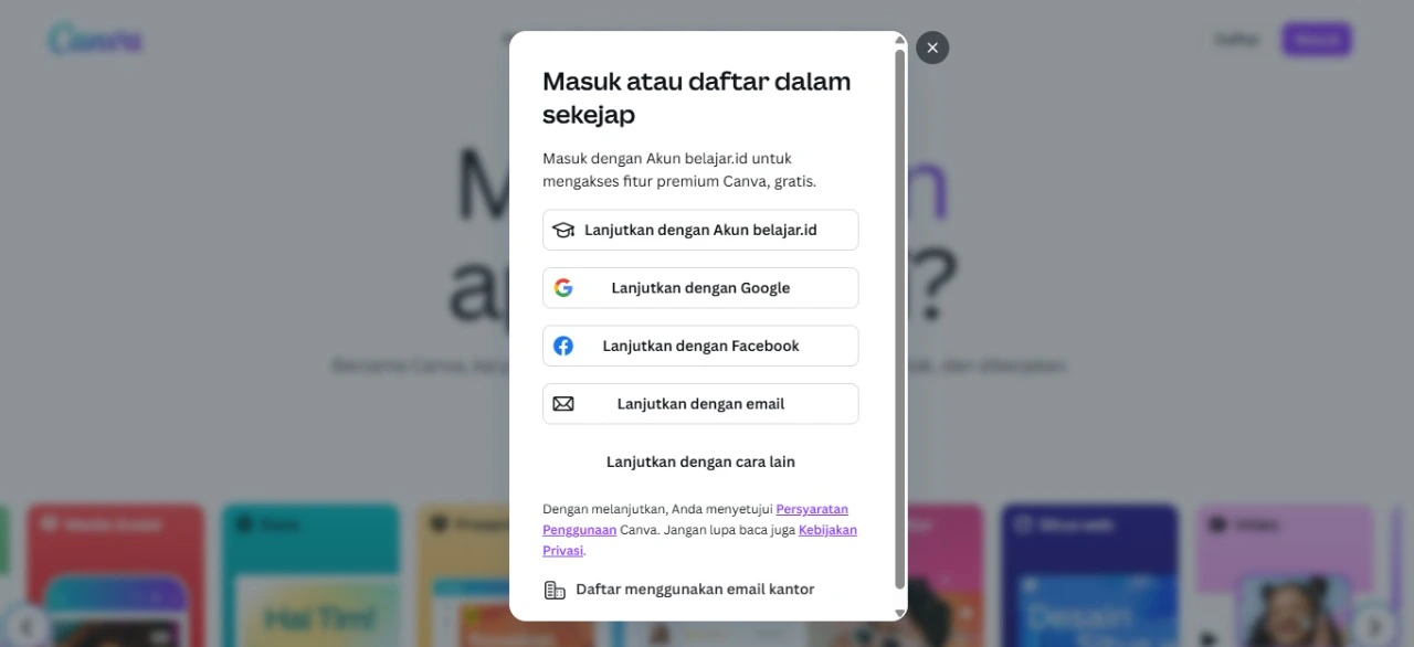 login untuk membuat website di canva