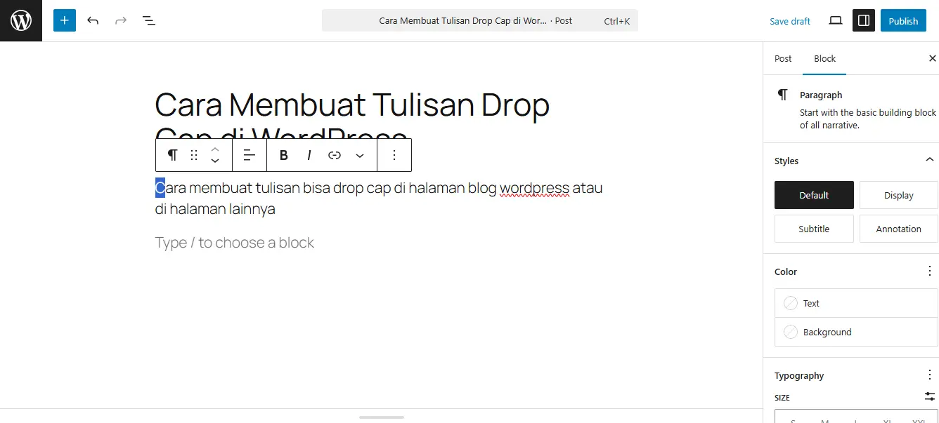 cara membuat tulisan drop cap di wordpress