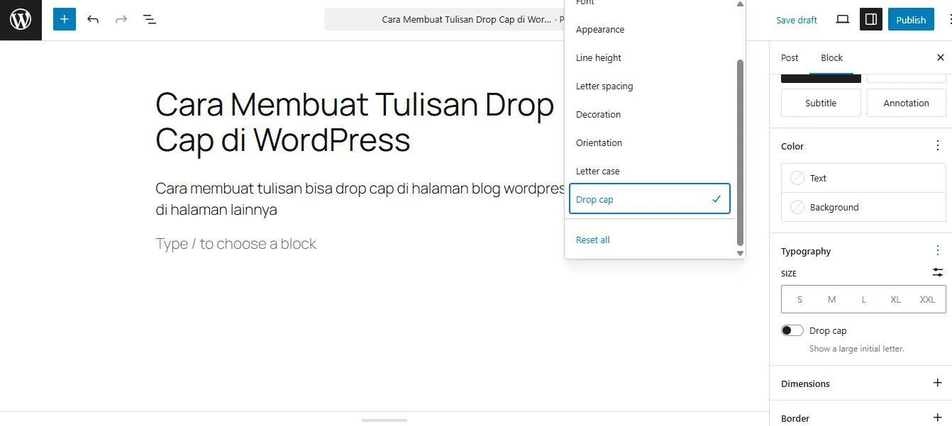 cara membuat tulisan drop cap di wordpress