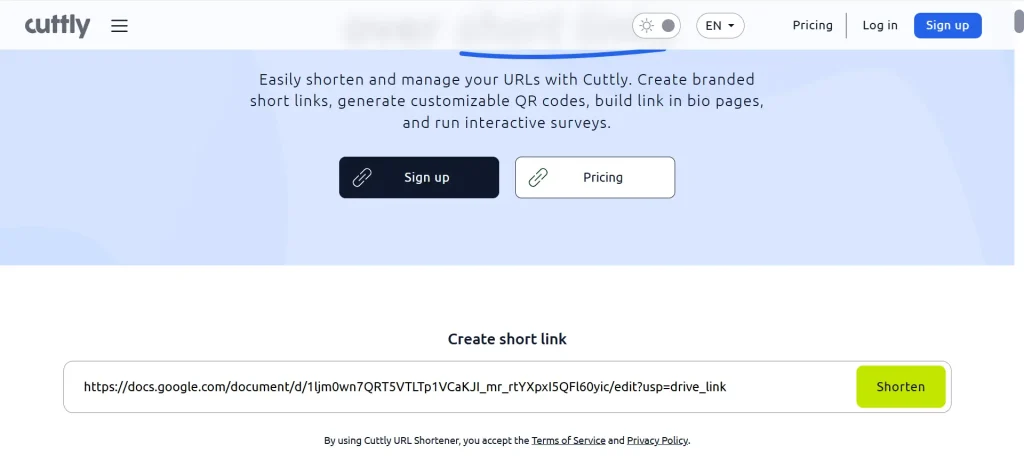Tampilan laman muka Cutt.ly