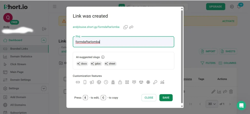 Tools memperpendek link short.io