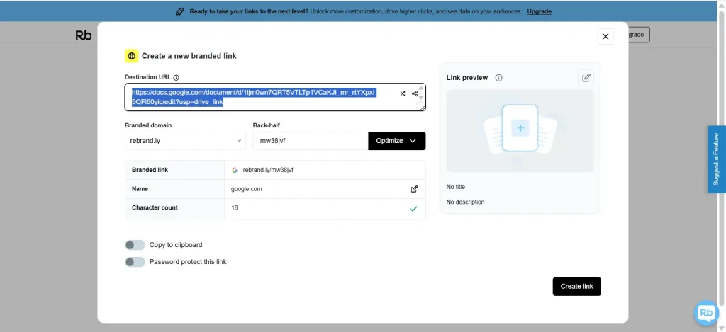 Tools memperpendek link Rebrandly
