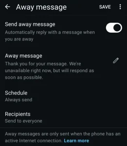 Atur jadwal dan teks untuk fitur away message di WhatsApp Bisnis