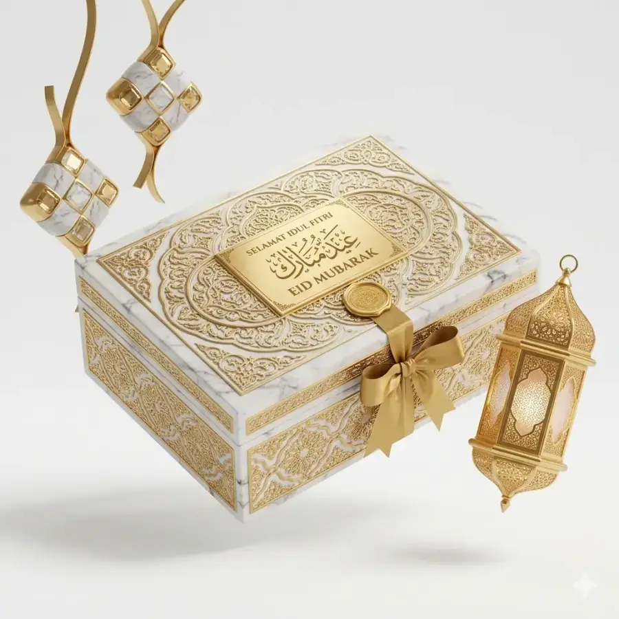 Prompt AI Lebaran Qwords - Ilustrasi 3D Box Elegan