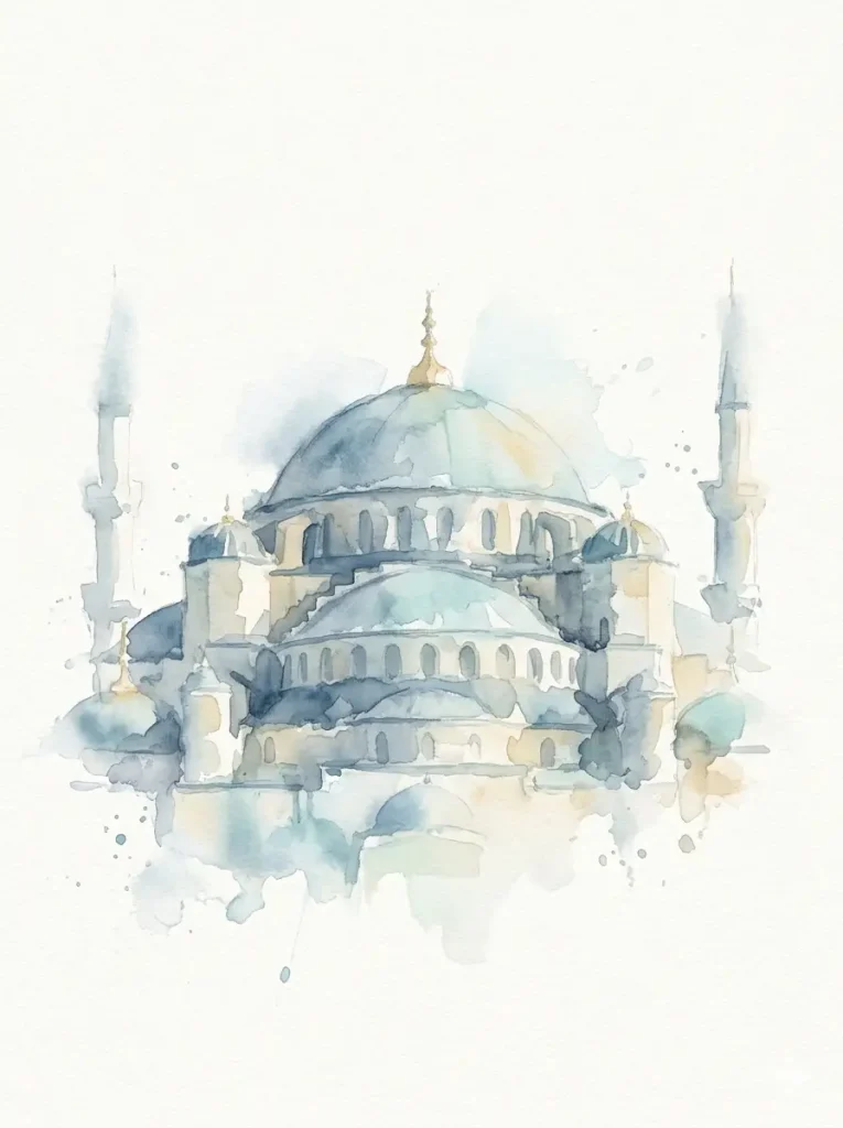 Prompt AI Lebaran Qwords - Ilustrasi Cat Air Masjid