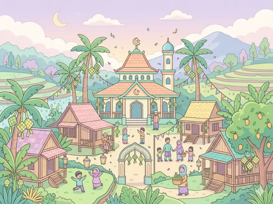 Prompt AI Lebaran Qwords - Ilustrasi Desa Warna Pastel