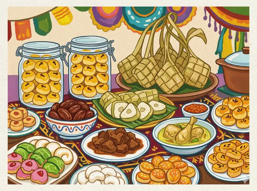 Prompt AI Lebaran Qwords - Ilustrasi Kue Lebaran Gouache