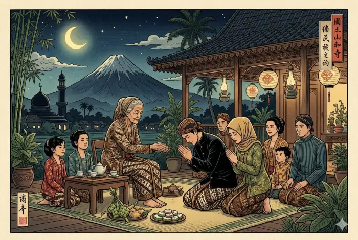 Prompt AI Lebaran Qwords - Ilustrasi Sungkem Ukiyo-e Merapi