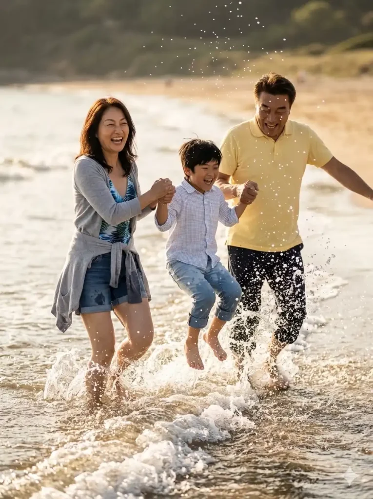 Prompt AI foto keluarga bertiga di pantai